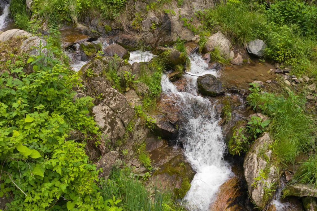Waterfall ceremony setting at Weddings Over Waterfalls in Hot Springs, North Carolina with forest views and natural stone creekside scenery.