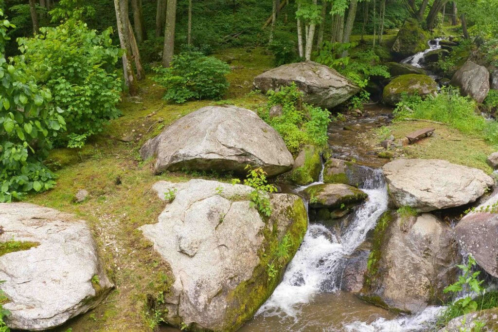 Rushing waterfall beside a peaceful forest clearing at Weddings Over Waterfalls, an intimate mountain wedding venue near Hot Springs, NC.