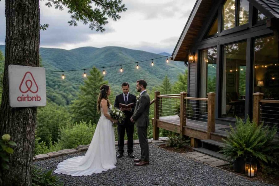 couple eloping at private airbnb cabin in north carolina mountains