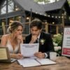 wedding couple reviewing liability insurance documents at airbnb rental property with event policy sign