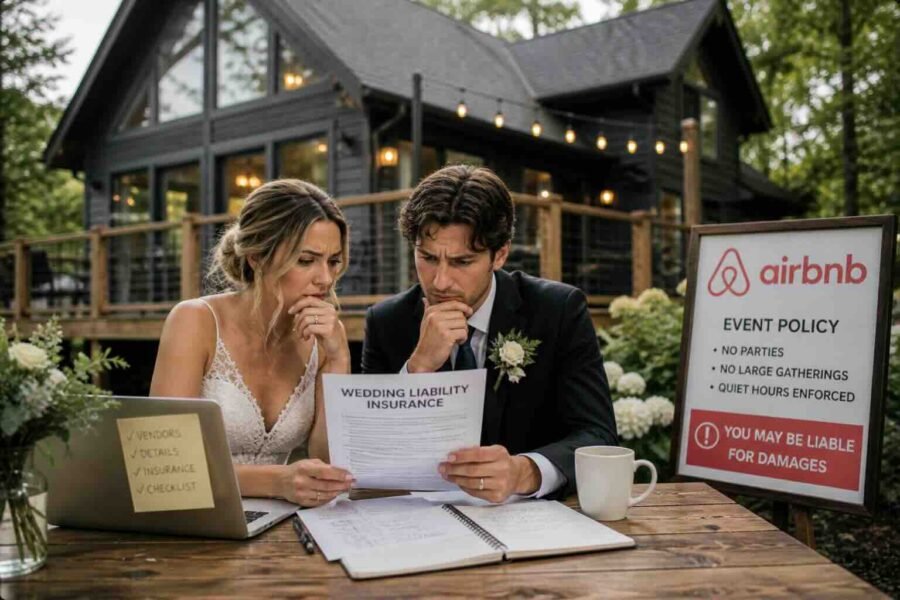 wedding couple reviewing liability insurance documents at airbnb rental property with event policy sign