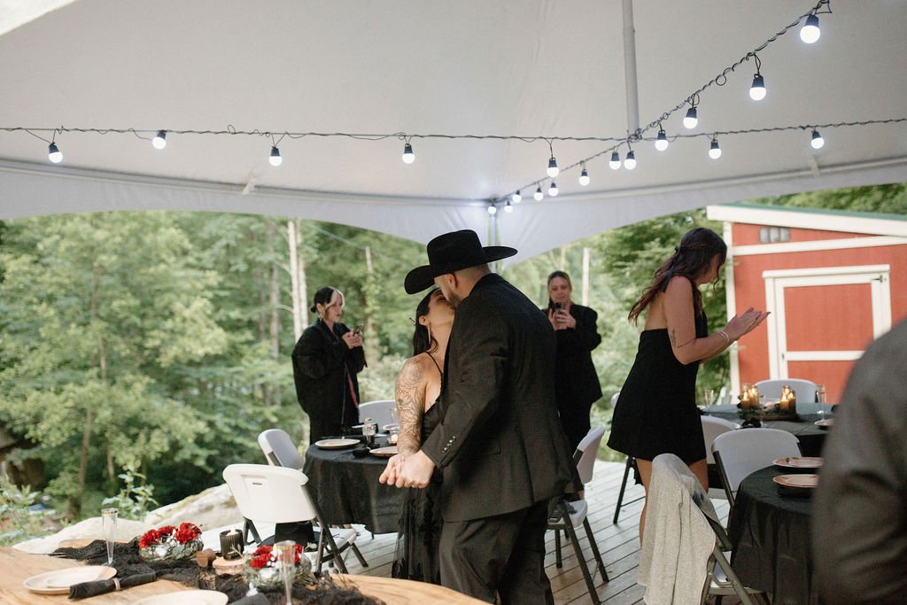 micro wedding reception couple kissing